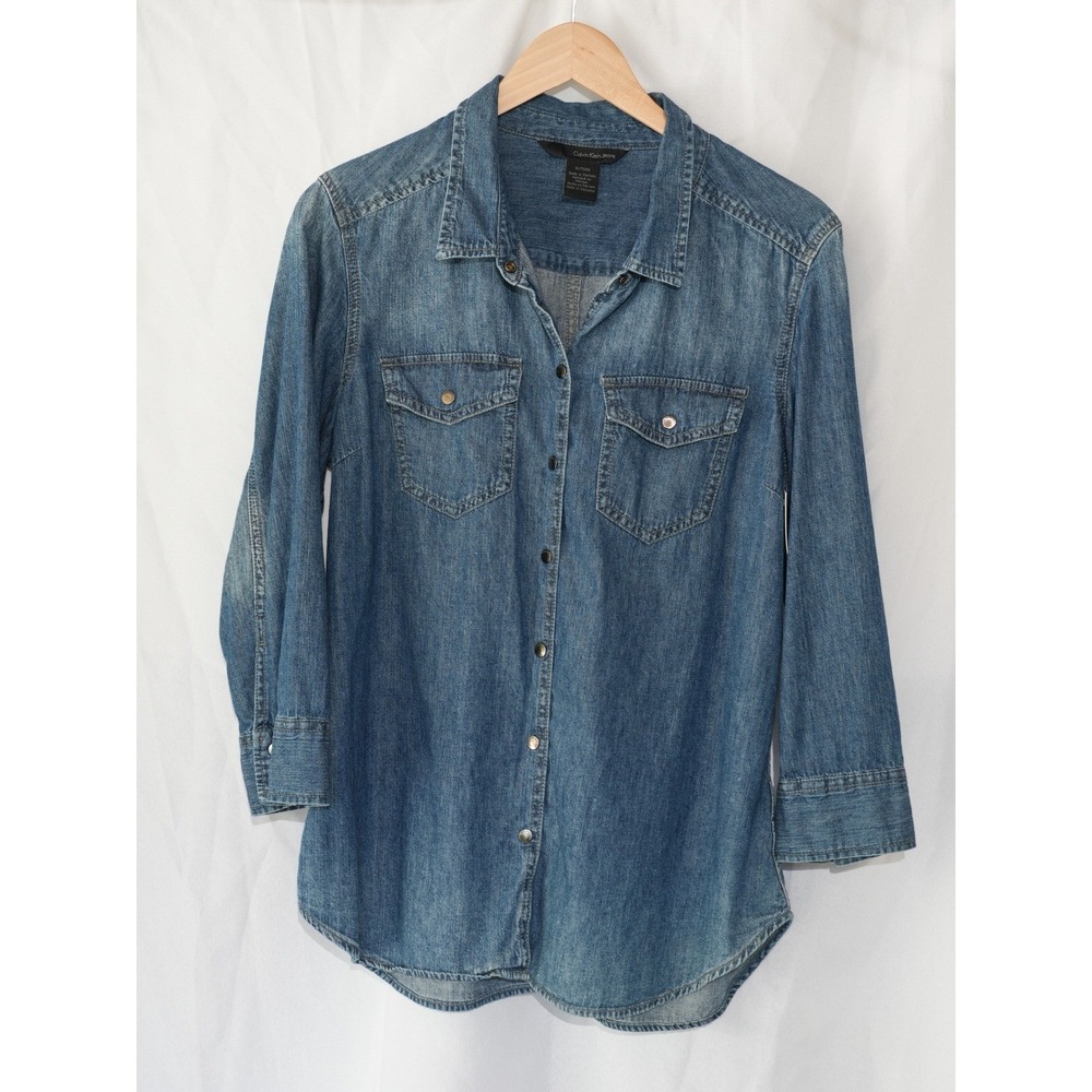 Calvin Klein Jeans Denim Button Down Women Extra Large Blue Snap Front Pockets
